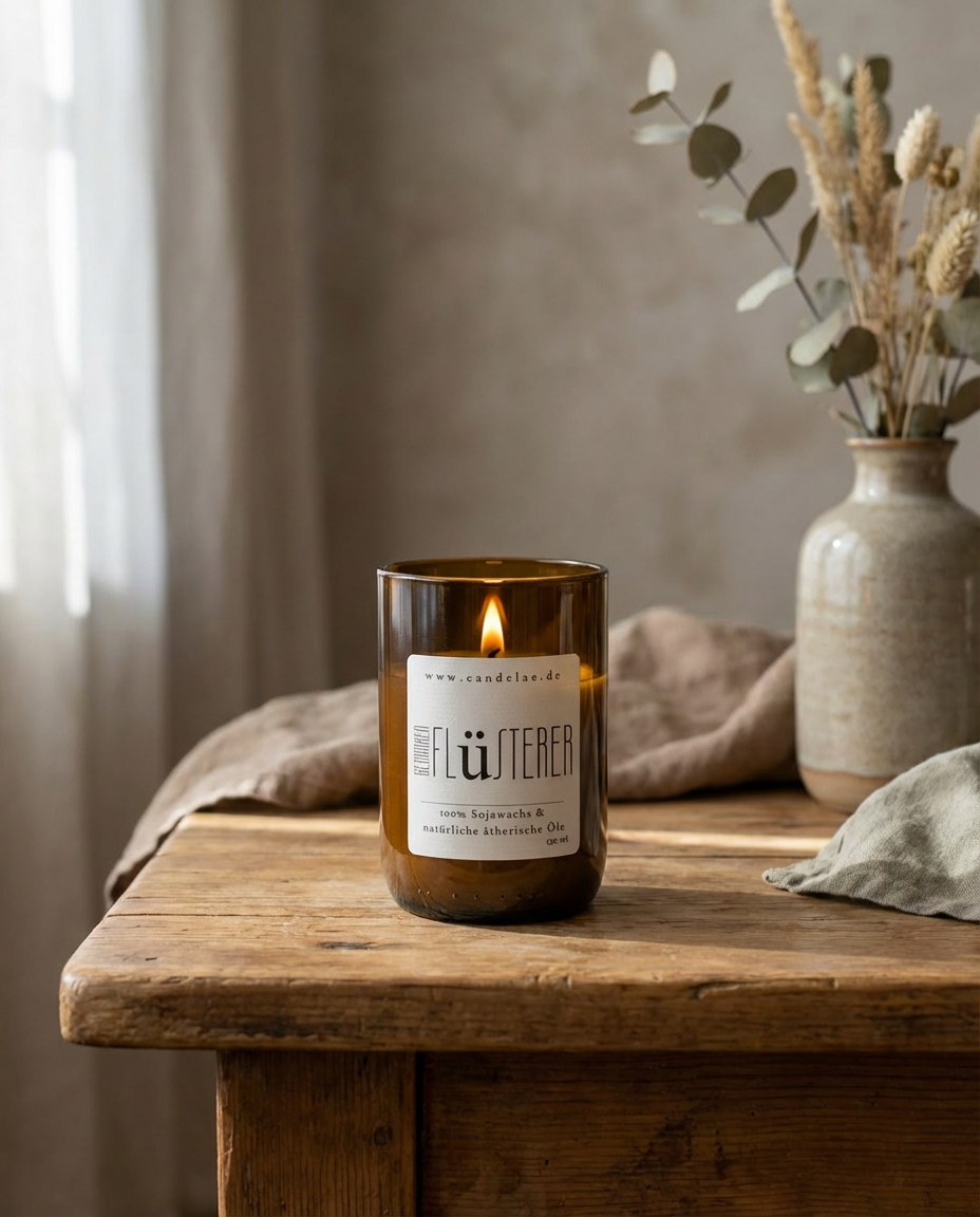 Brennende Duftkerze aus Sojawachs in recyceltem Glas auf einem Holztisch, mit natürlichem Licht und ruhiger Wohnatmosphäre.
