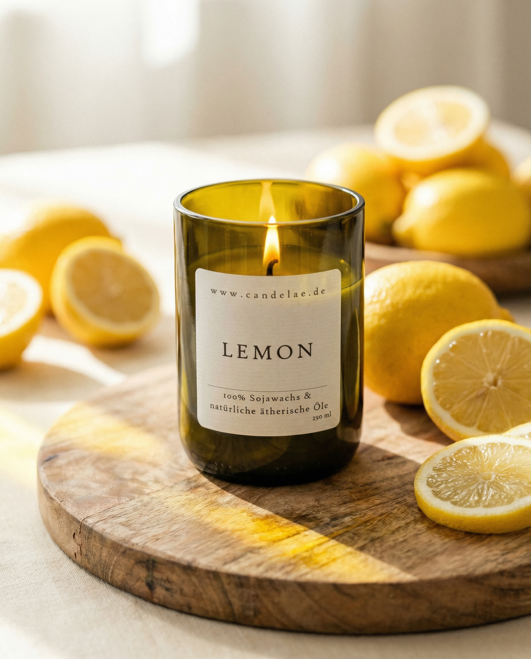 Gute Duftkerze aus Sojawachs im recycelten Glas mit Zitronenduft, dekoriert mit frischen Zitronen auf Holzbrett
