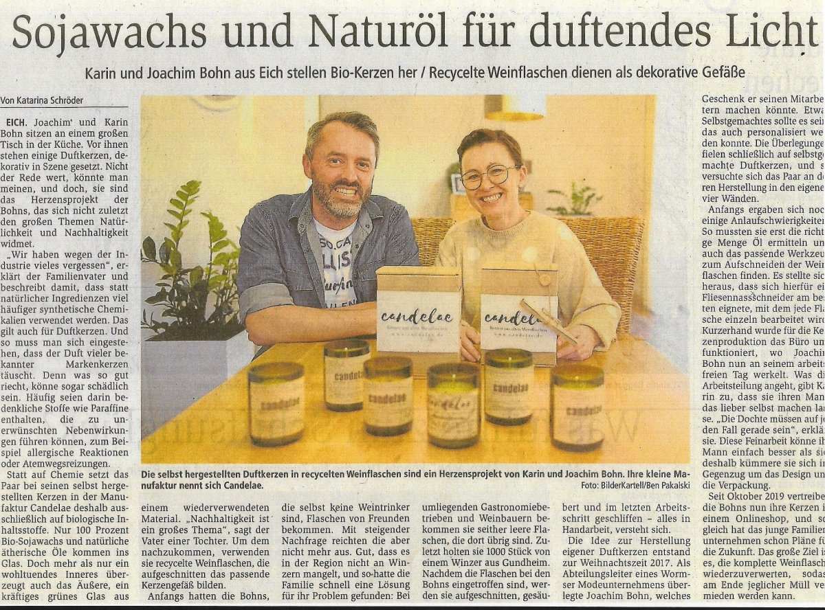Bericht über candelae in der Wormser Zeitung Artikel vom 29.02.2020 mit Dank an Autorin Katarina Schröder und Fotograf Ben Pakalski