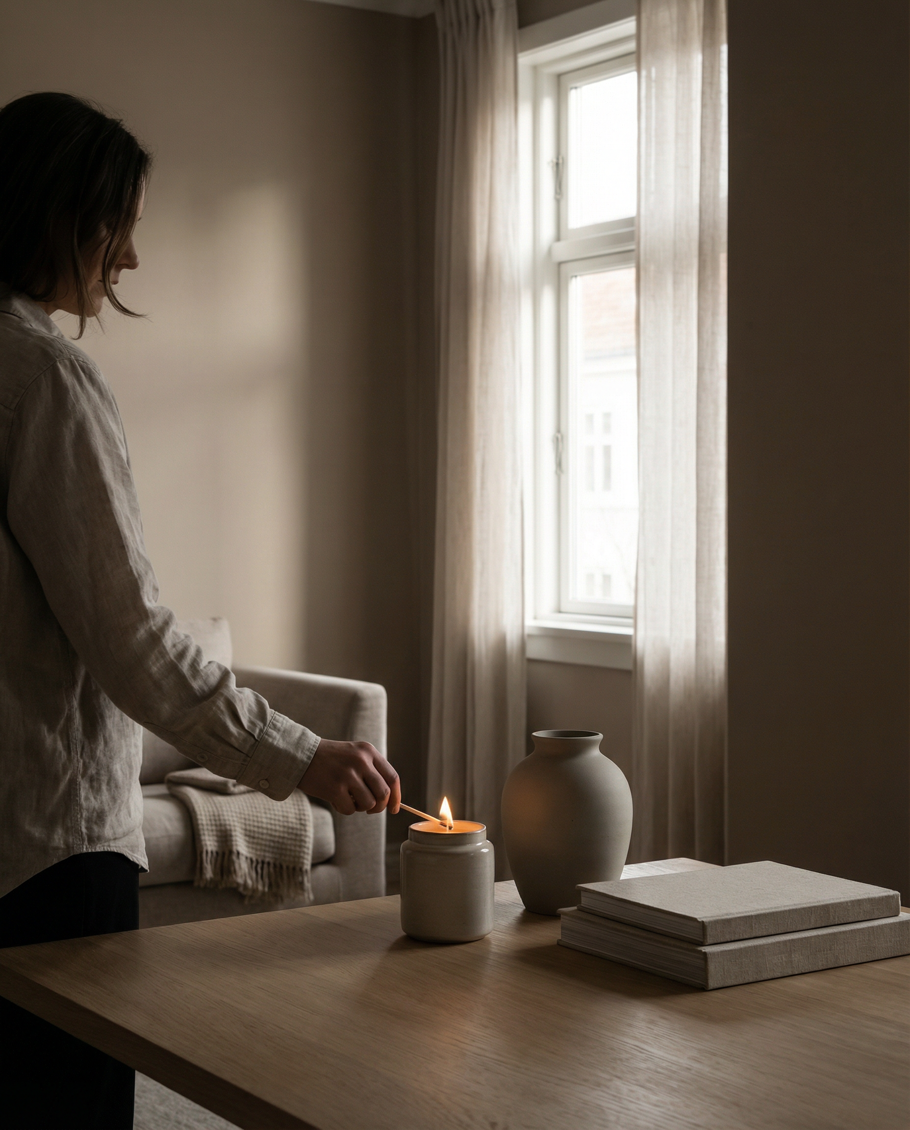 Natürliche Duftkerze und ätherische Öle für positive Stimmung und Wohlbefinden im Zuhause