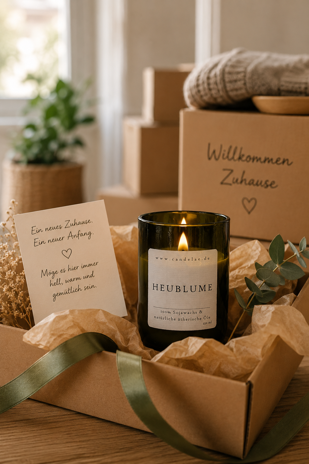 Candelae Duftkerze Heublume als Einzugsgeschenk in Geschenkbox mit Karte und Umzugskartons