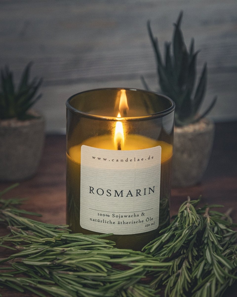 Entdecke die Wirkung von Rosmarin Öl in Candelae Duftkerzen aus alten Weinflaschen - Candelae Duftkerzen