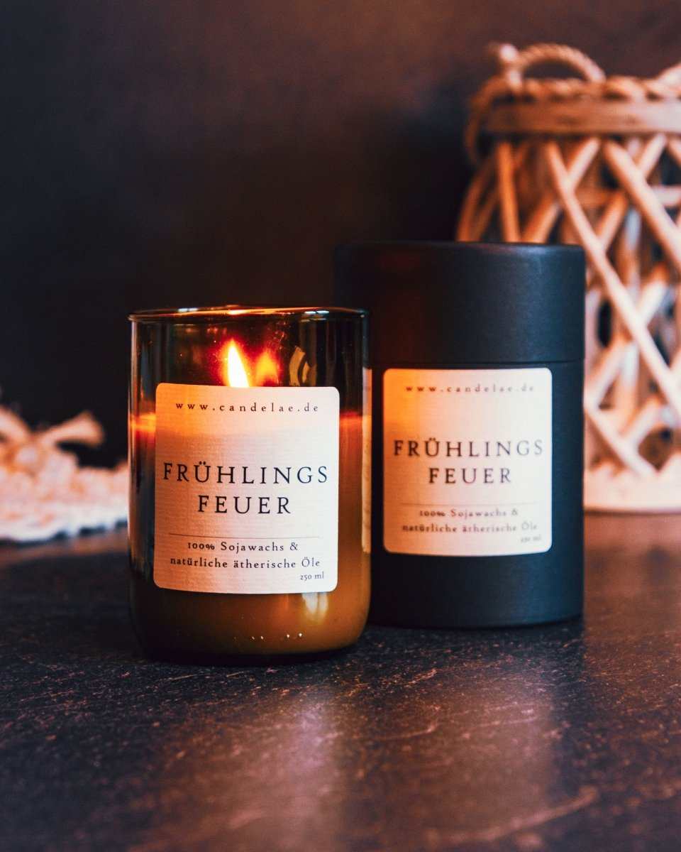 Frühlingsfeuer Duftkerze von Candelae mit frischem Frühlingsduft aus Orange, Pfefferminze und Eukalyptus