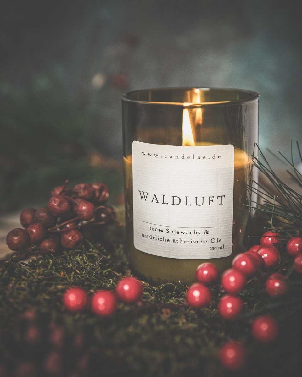 Waldfrische Duftkerze mit natürlichen ätherischen Ölen und Handglas aus recycelten Weinflaschen