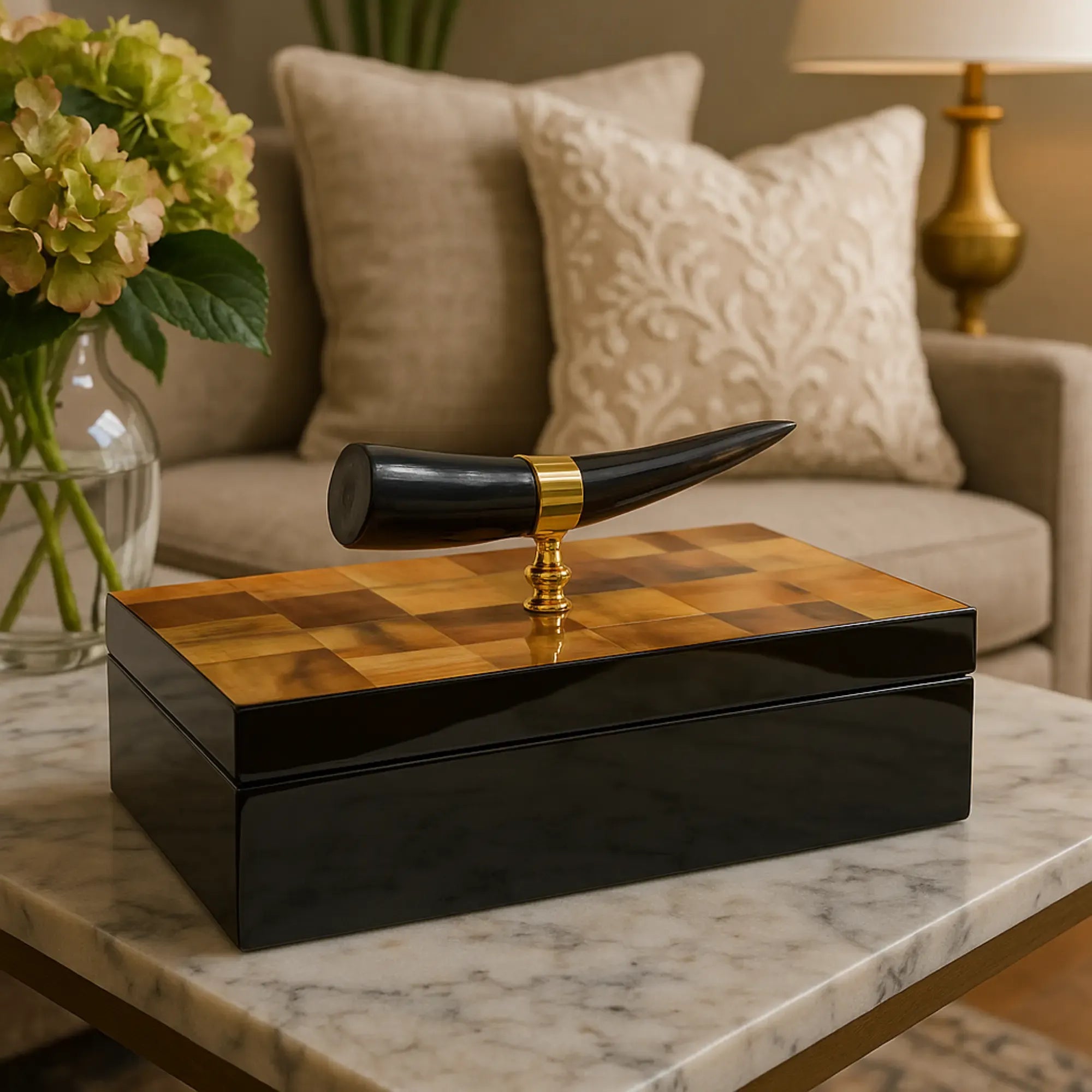 Holzkästchen - rechteckig mit Deckel - Design Aufbewahrungsbox Horn-Deko Schmuckkasten Evidenza