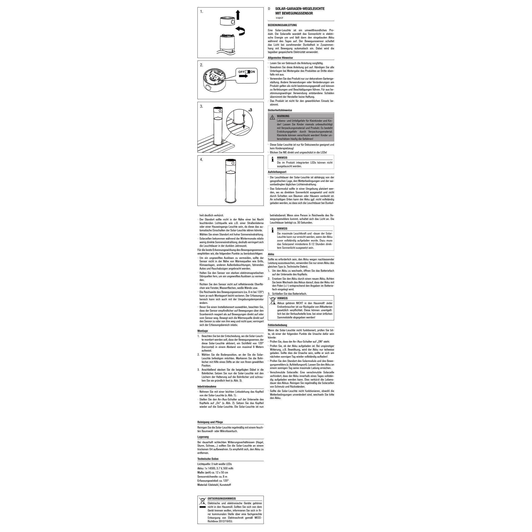 Außenleuchte LED Solar Bewegungsmelder Wegeleuchte Gartenleuchte Solarleuchte