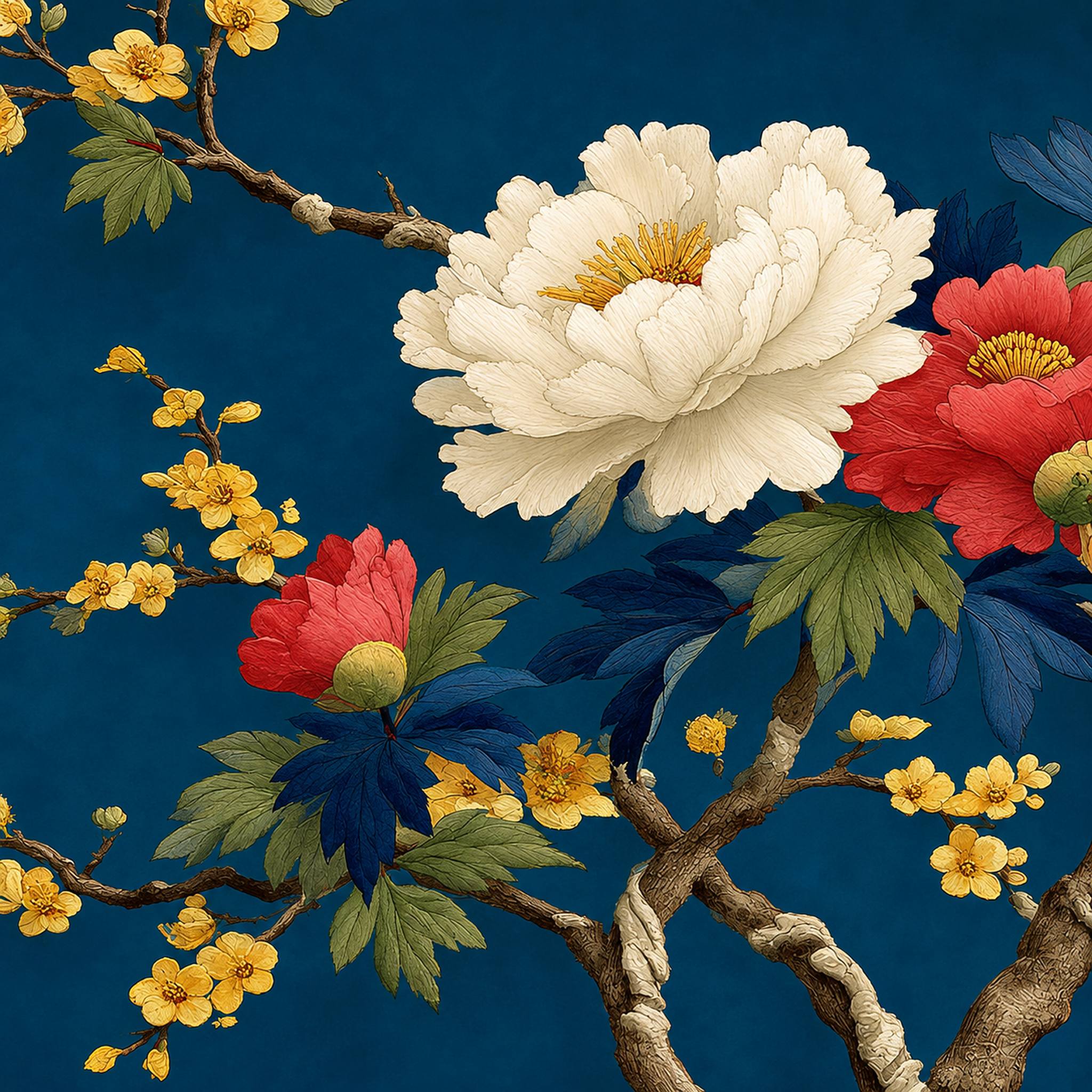 Florales Motiv „Blütensymphonie“ mit großer weißer Pfingstrose, roten Blüten und goldgelben Zweigen auf tiefblauem Grund
