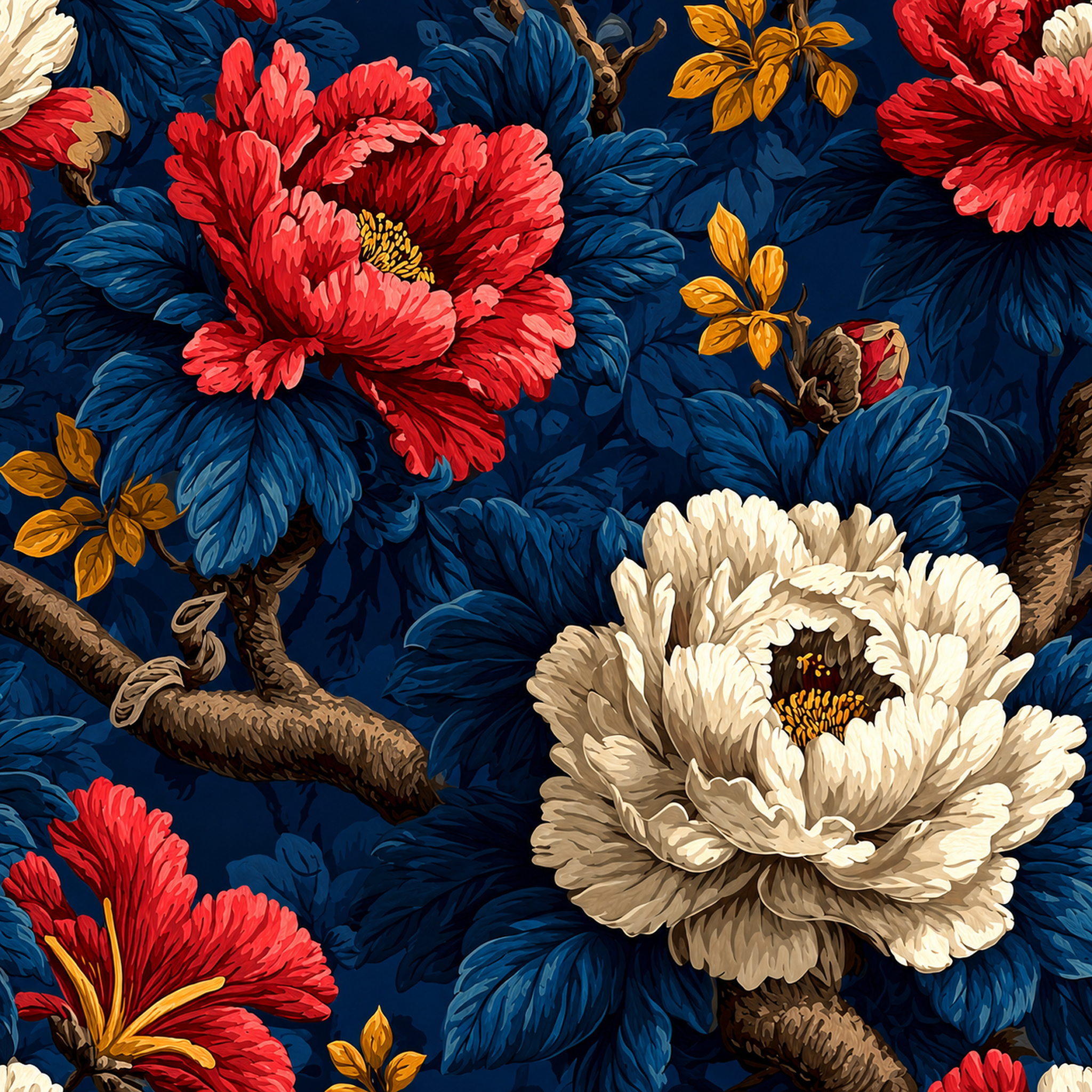Pfingstrosenpracht mit roten und cremefarbenen Blüten sowie goldenen Akzenten auf tiefblauem Hintergrund