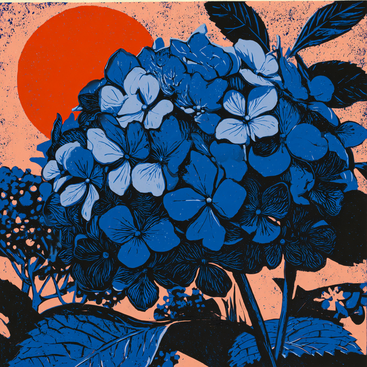 Hortensienglut – Druckmotiv mit rot-blauen Hortensien für Travertin-Kunstwerk