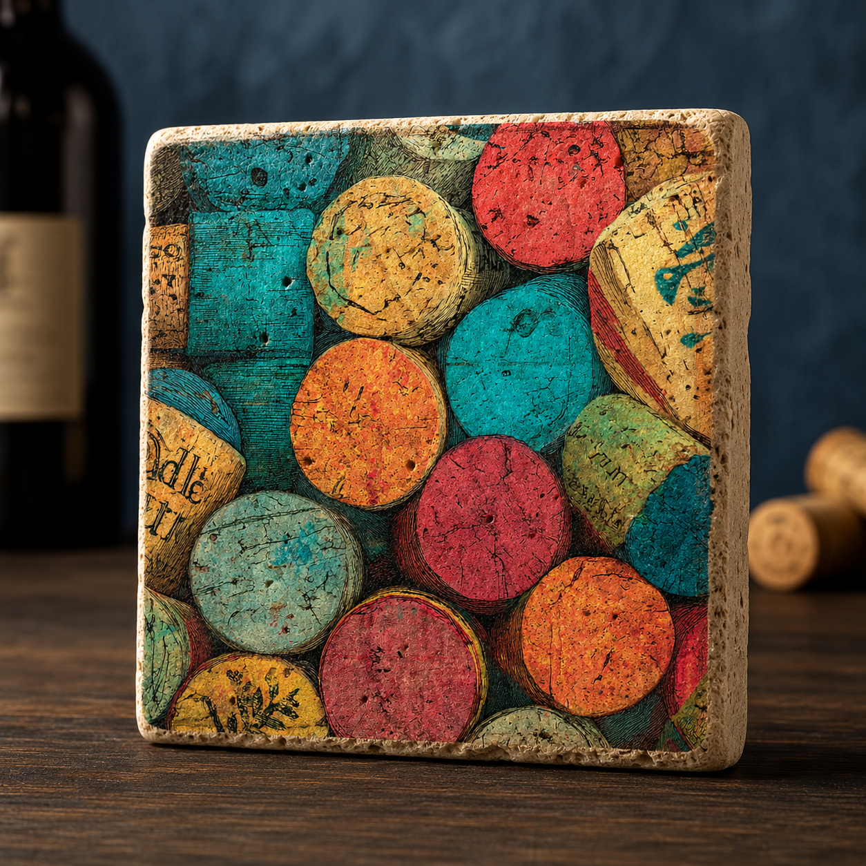 Korkenmeer – Kleines Kunstwerk aus Travertin mit buntem Weinkorken-Motiv in Petrol, Bordeauxrot, Orange und Ockergelb, UV-Direktdruck, 10x10 cm