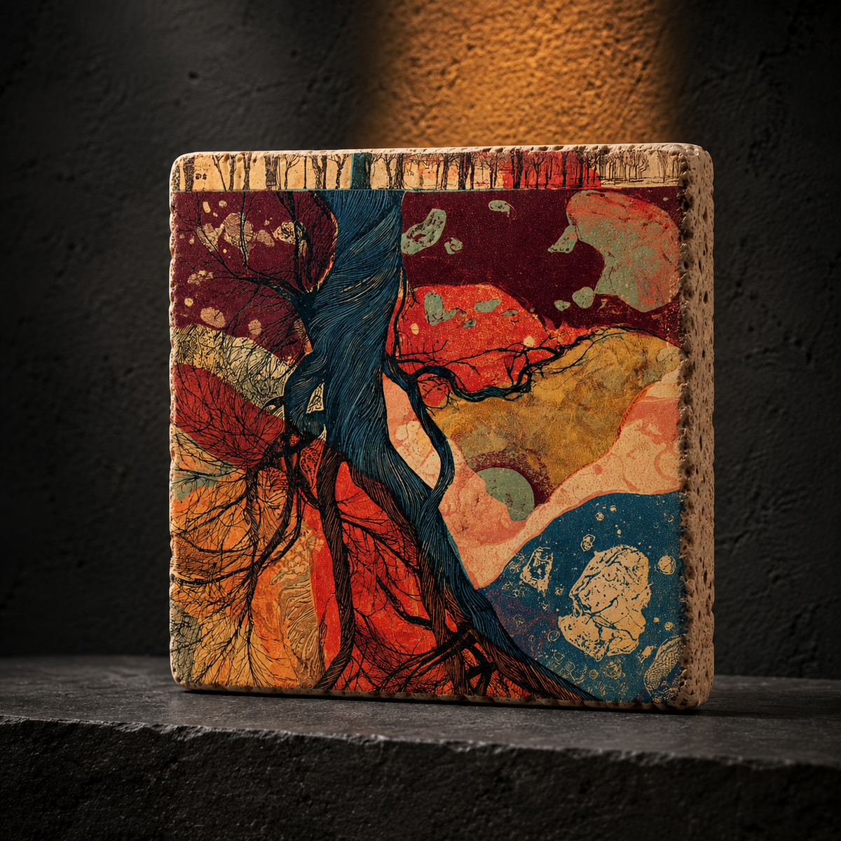 Wurzeln des Weins – Kleines Kunstwerk aus Travertin mit abstraktem Wurzelmotiv in Weinrot, Korallrot und Ockertönen, UV-Direktdruck, 10x10 cm