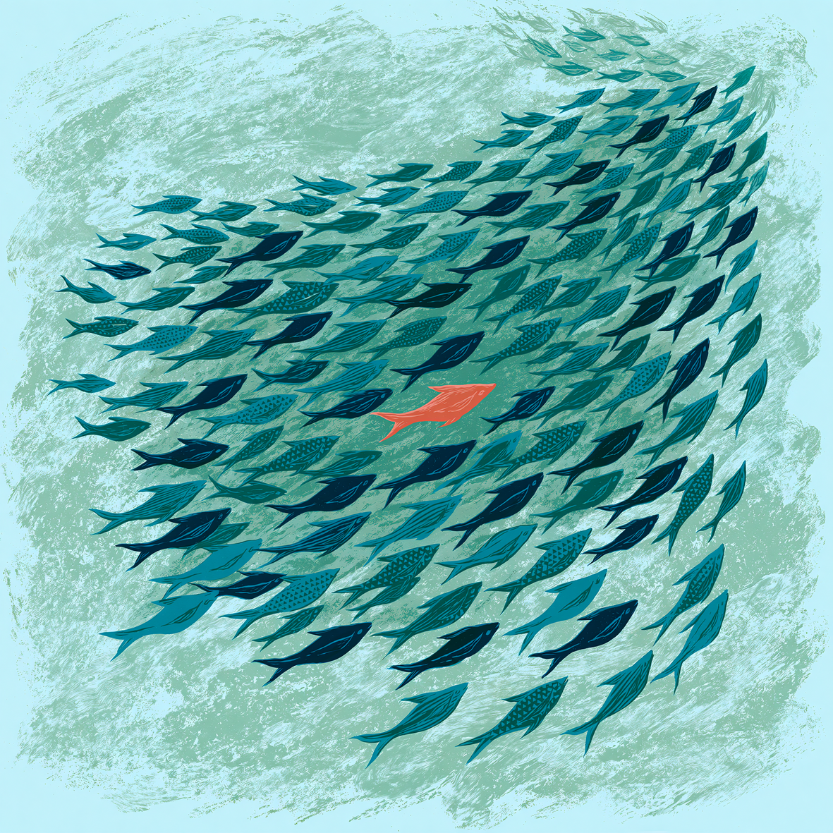 Illustration „Gegen den Strom“ mit einem Schwarm aus blau-türkisen Fischen und einem korallroten Fisch auf hellblauem Hintergrund.