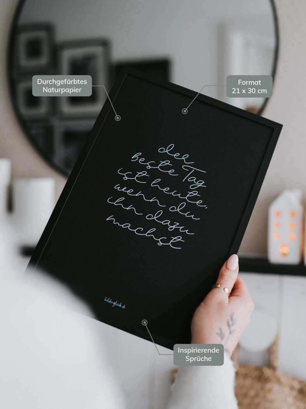 Poster Der beste Tag mit inspirierendem Schwarz-Weiß-Spruch „Der beste Tag ist heute, wenn du ihn dazu machst“ auf hochwertigem DIN A4 Papier