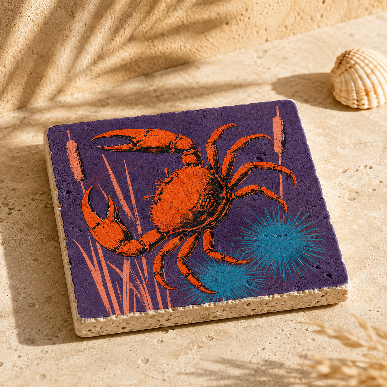 Mare No. 15 – Krabbe im Purpurmeer auf 10 × 10 cm Travertin in Orange, Violett und Türkis