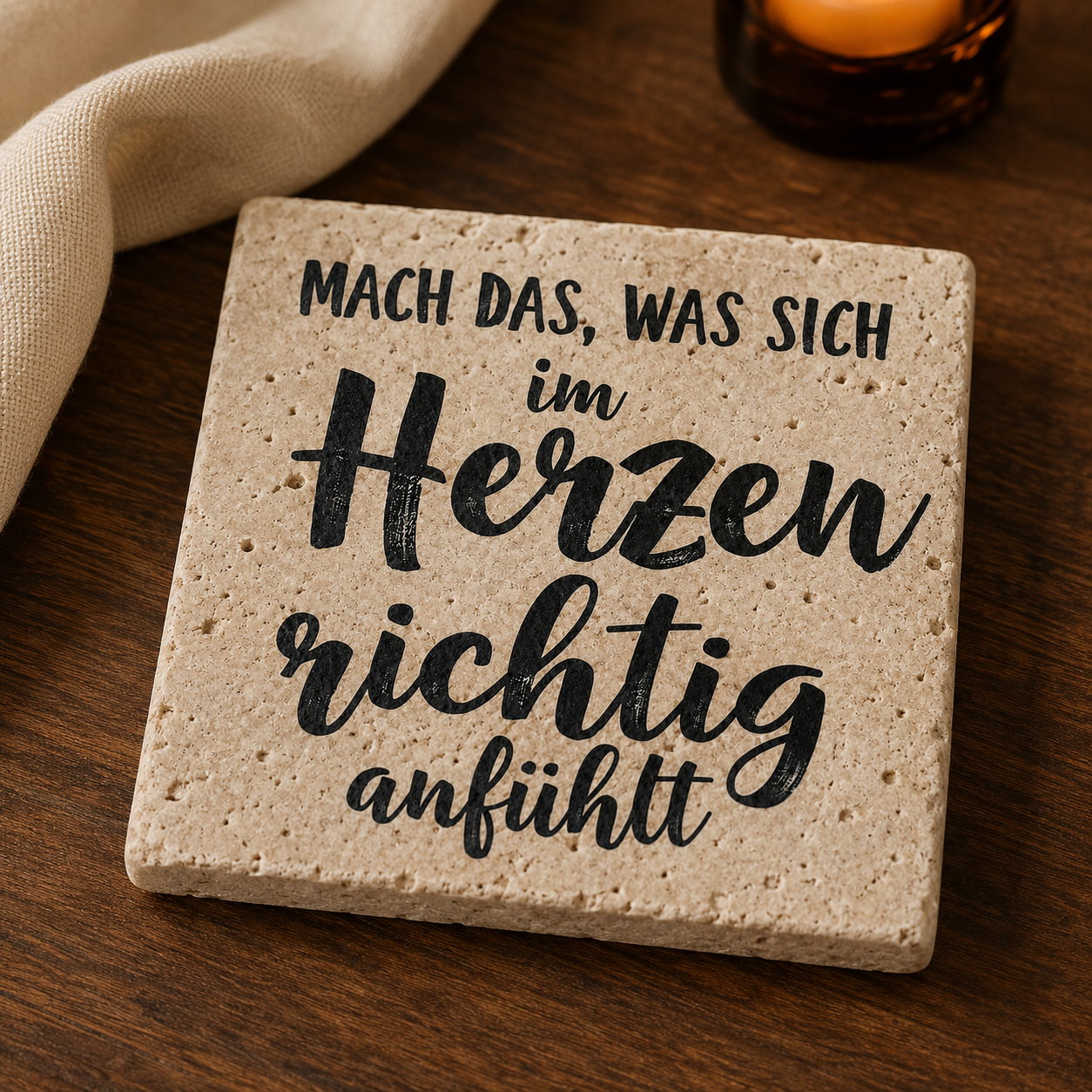 Travertin-Kunstwerk mit schwarzem Schriftzug „Mach das, was sich im Herzen richtig anfühlt“ auf einem dunklen Holztisch