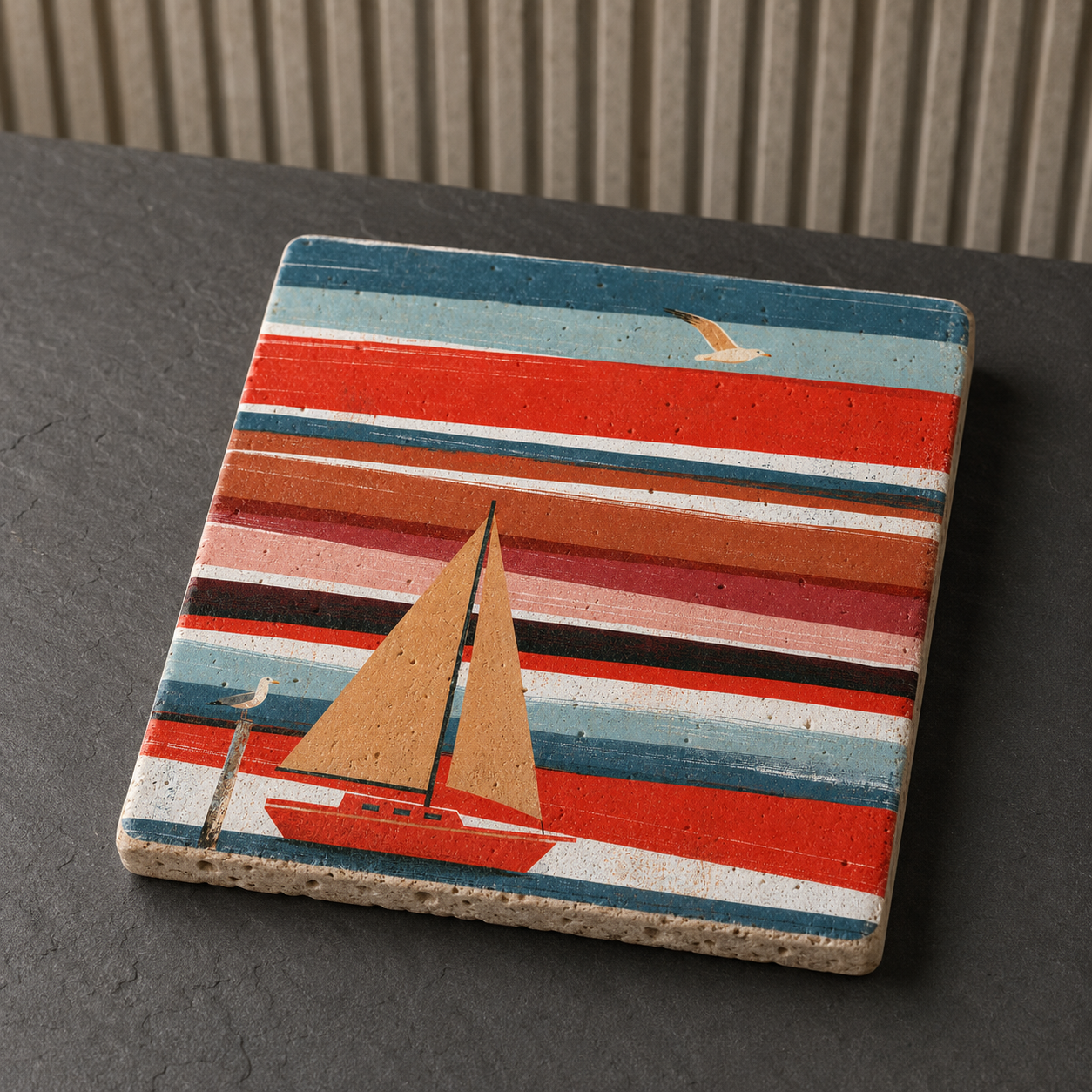 Kleines Kunstwerk aus Travertin „Meerwärts“ mit korallrotem Segelboot und zwei Möwen auf einer dunklen Schieferfläche.