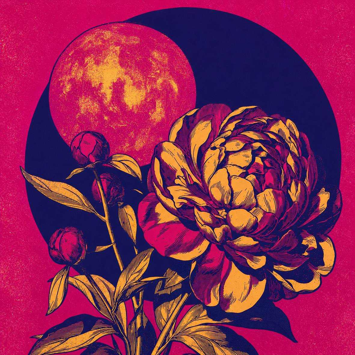 Grafische Pfingstrose mit drei Knospen in Fuchsia, Gold und Indigo vor zwei überlappenden Kreisen.