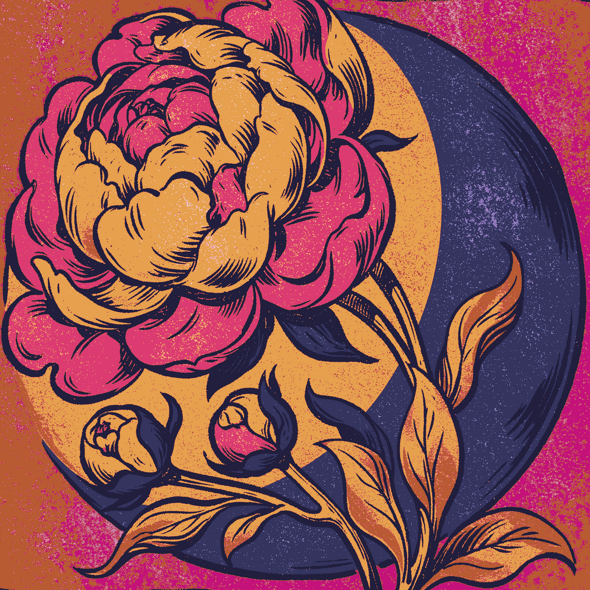 Grafische Pfingstrose mit zwei Knospen in Magenta, Goldorange und Nachtblau im ausdrucksstarken Vintage-Stil.