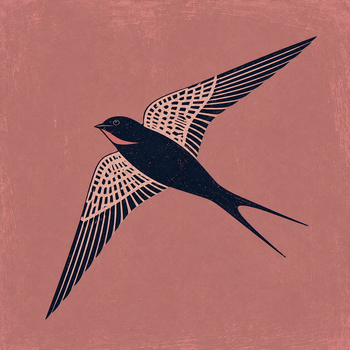 Illustration einer fliegenden dunkelblauen Schwalbe mit gemusterten Flügeln auf altrosafarbenem Vintage-Hintergrund.