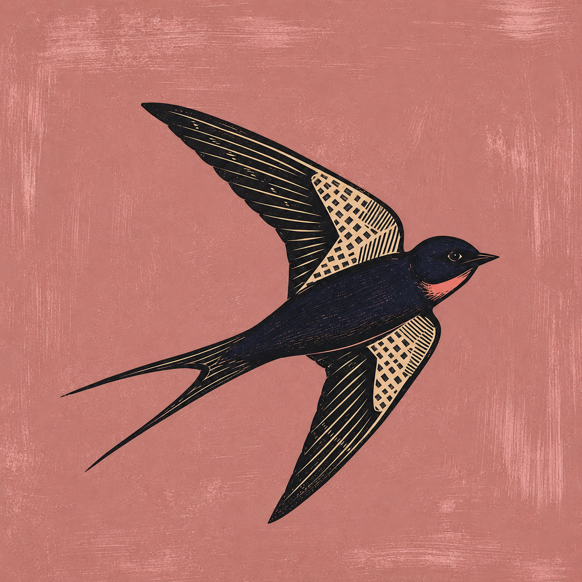 Illustration einer fliegenden Schwalbe in Dunkelblau und Creme auf rosafarbenem Vintage-Hintergrund.