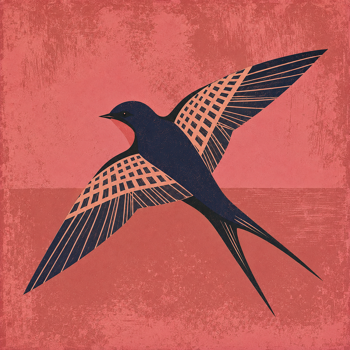 Illustration einer dunkelblauen Schwalbe im Höhenflug mit grafisch gemusterten Flügeln auf korallrotem Vintage-Hintergrund.