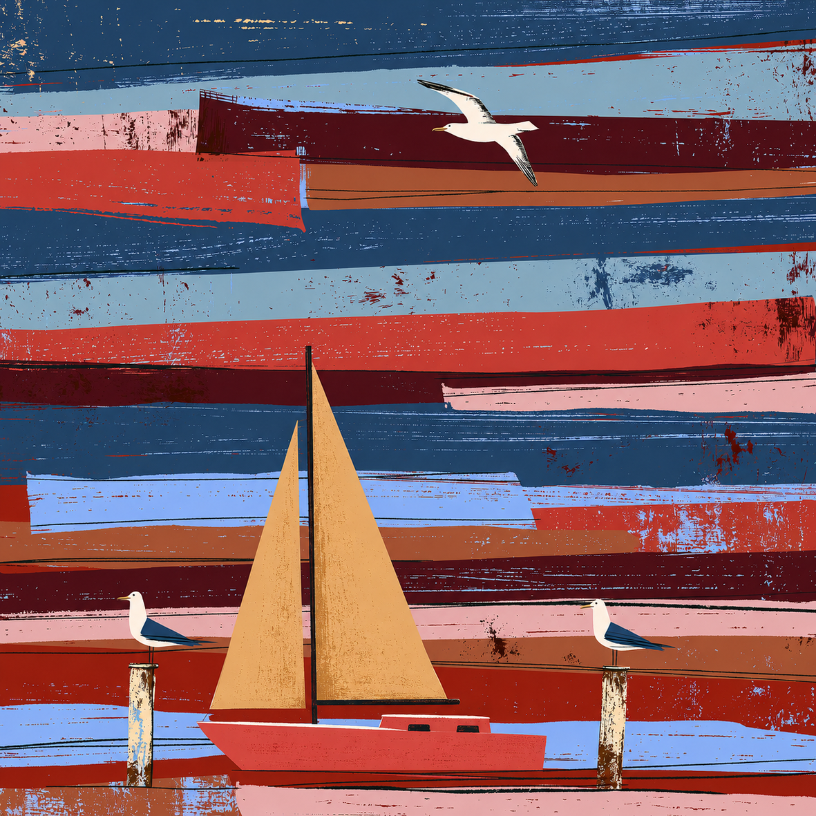 Maritime Illustration „Hafenglück“ mit korallrotem Segelboot, drei Möwen und farbigen horizontalen Streifen.