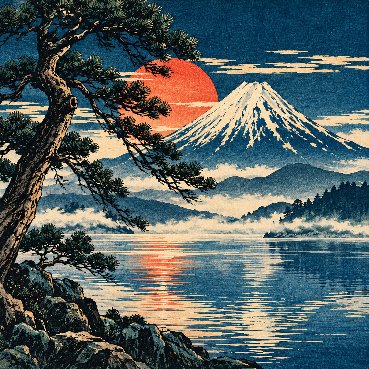 Fuji Morgenrot | Kleines Kunstwerk aus Travertin