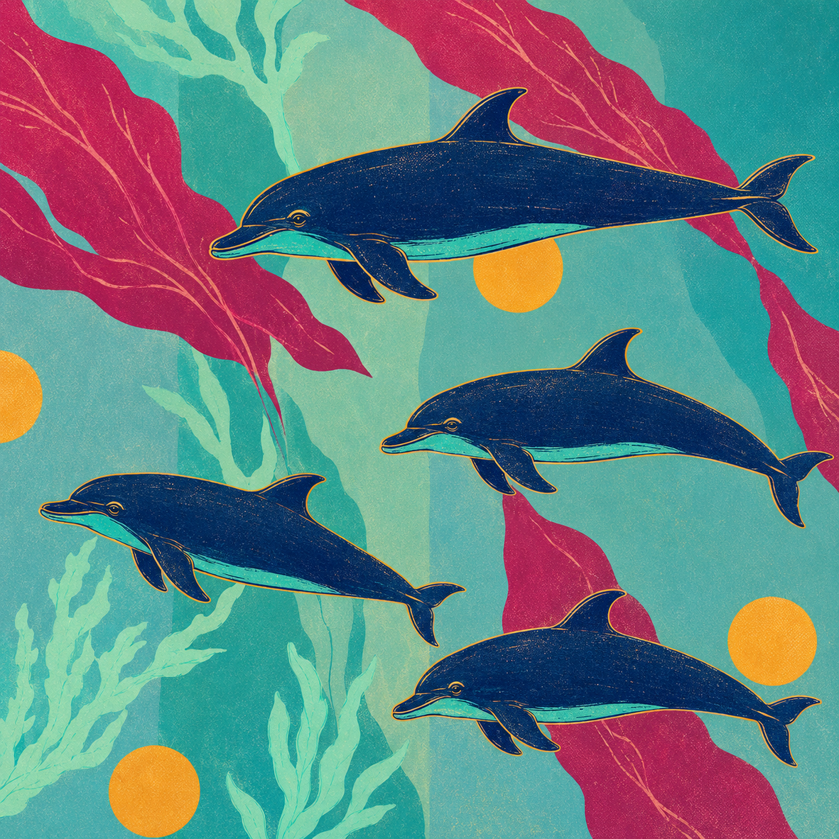 Illustration von vier dunkelblauen Delfinen in einer farbenfrohen Unterwasserwelt in Türkis und Fuchsia.