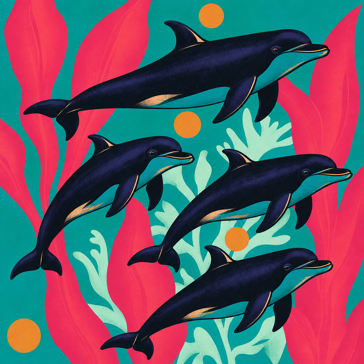 Illustration von vier dunkelblauen Delfinen zwischen korallroten und mintgrünen Wasserpflanzen.