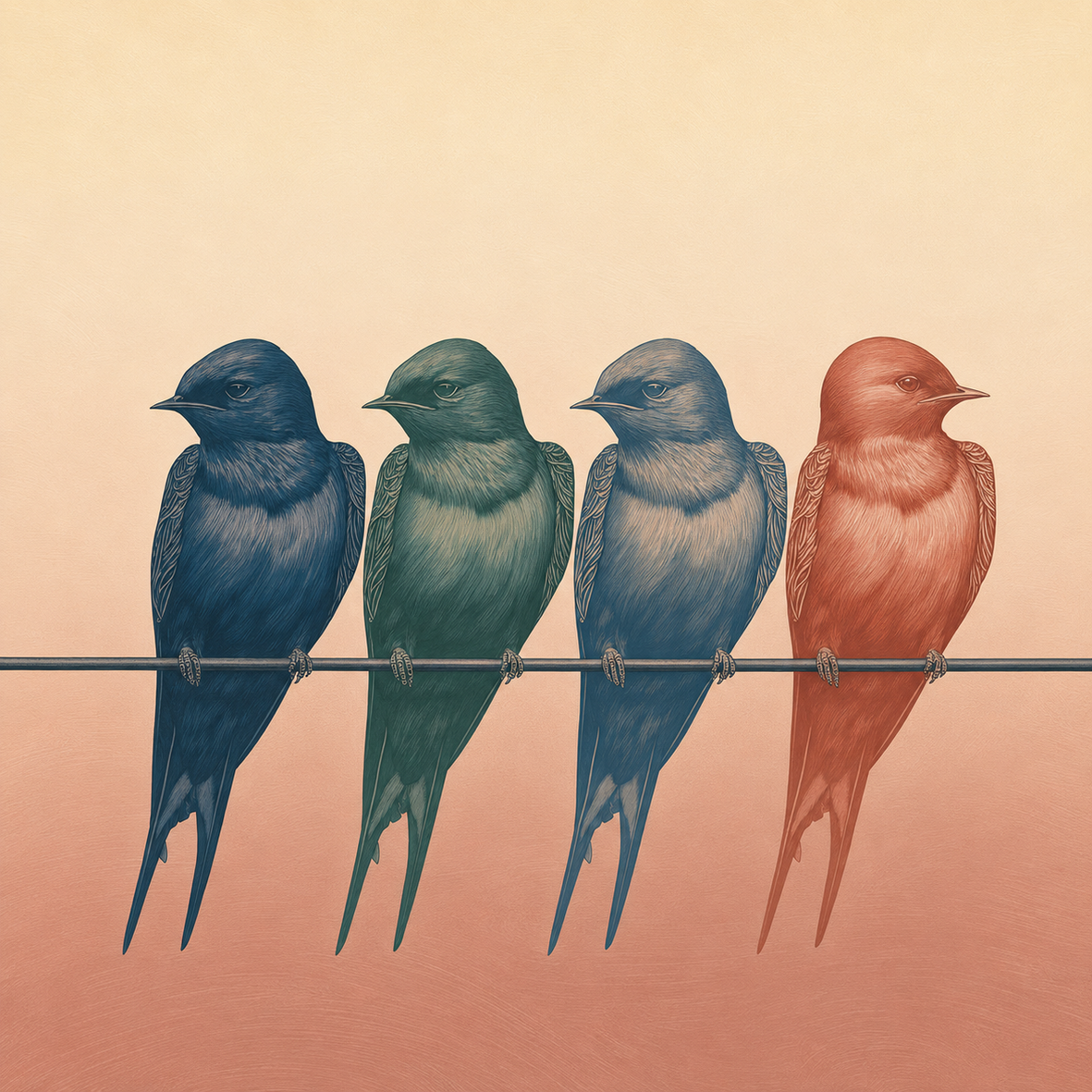 Illustration „Blickwechsel“ mit vier farbigen Vögeln auf einer Linie, von denen der korallrote Vogel in die entgegengesetzte Richtung blickt.