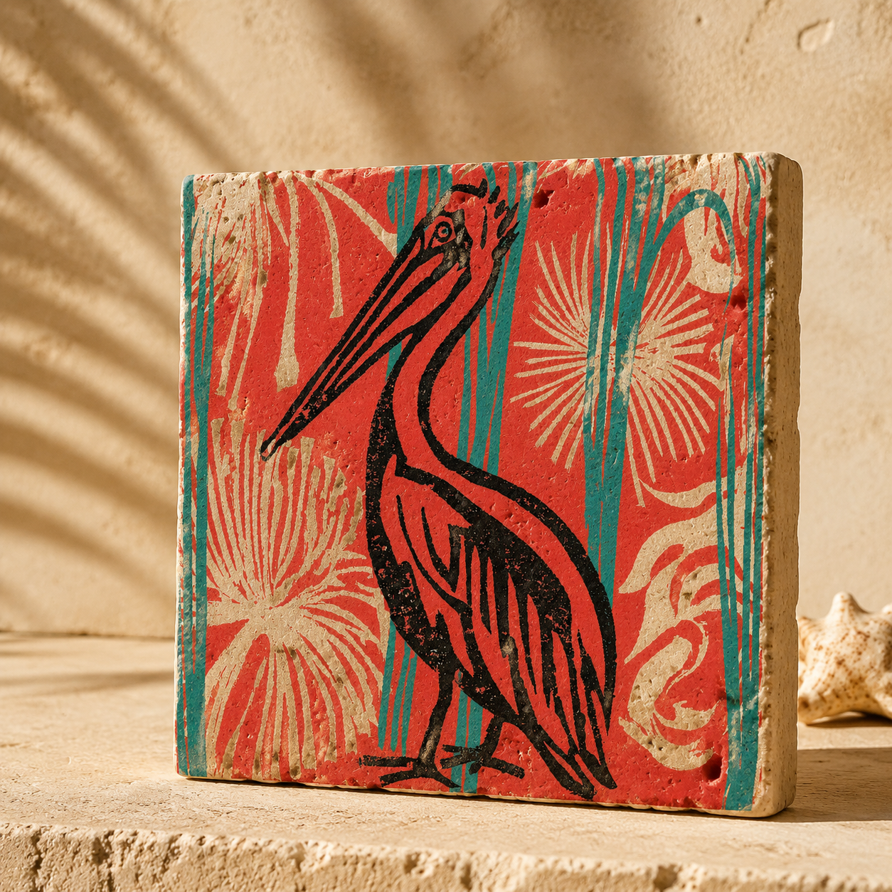Küstenstolz – Pelikan auf 10 × 10 cm Travertin in Korallenrot und Türkis vor mediterraner Kulisse