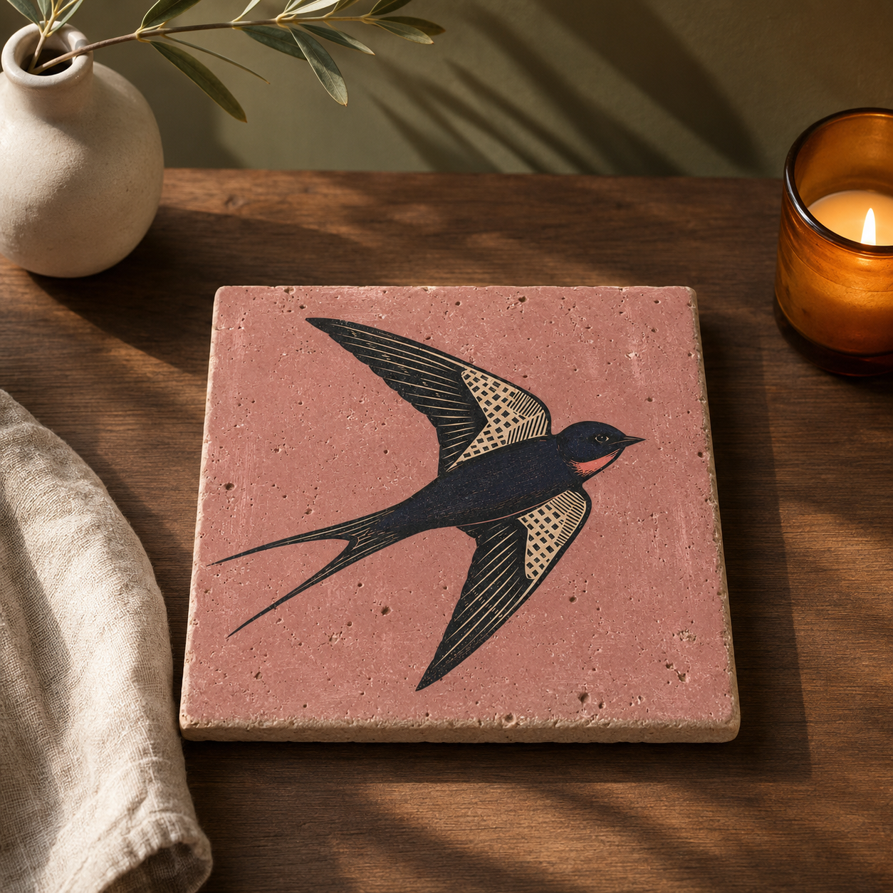 Kleines Kunstwerk „Freiflug“ aus Travertin mit fliegender Schwalbe auf rosafarbenem Hintergrund.