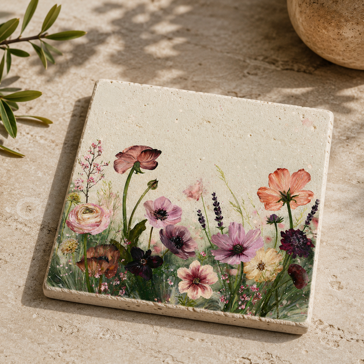 Botanica No. 01 auf Travertin – kleines Kunstwerk mit zarter Wildblumenwiese in Pastellfarben auf echtem Naturstein als stilvolle Wohnraumdekoration.