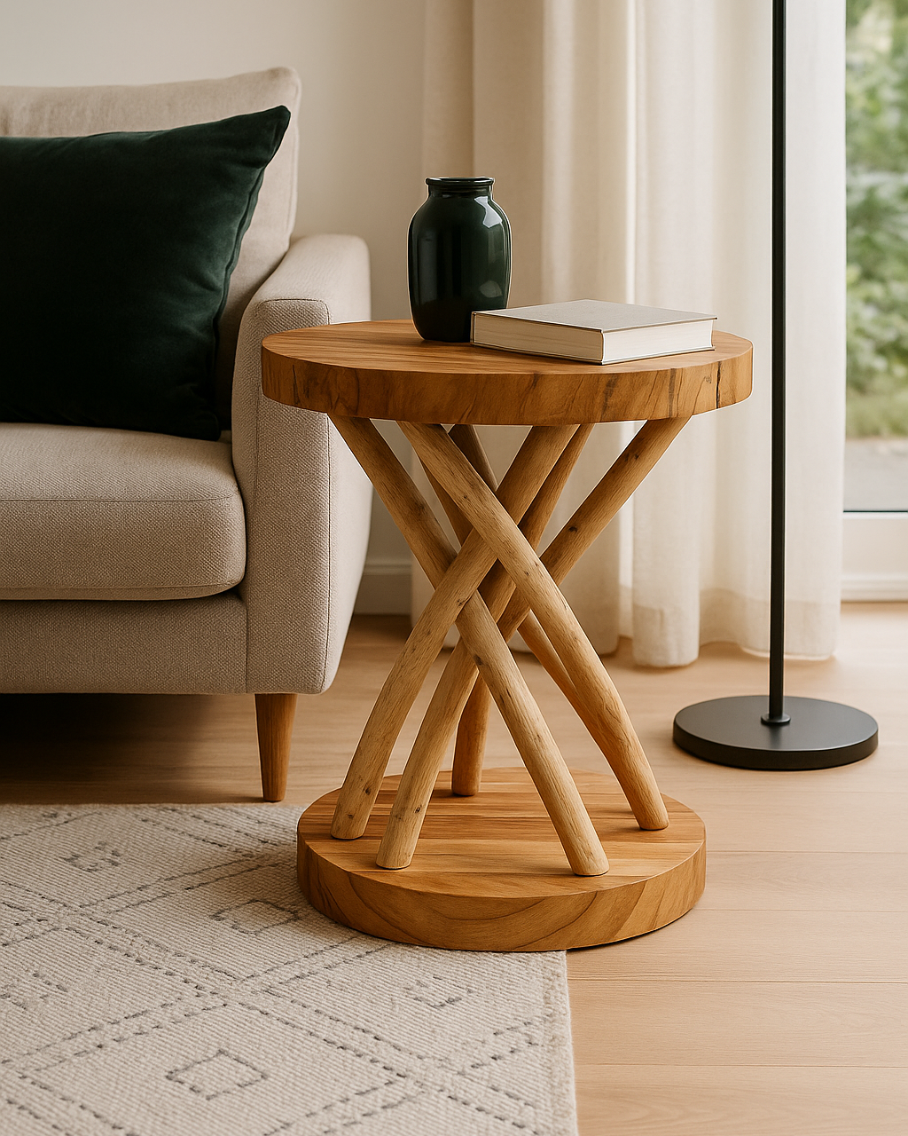 Handgefertigter Beistelltisch „Verzweigt“ aus Suar- und Teakholz, Ø 40 cm, Höhe 50 cm – skulpturale Ast-Beine, neben dem Sofa im Wohnzimmer.