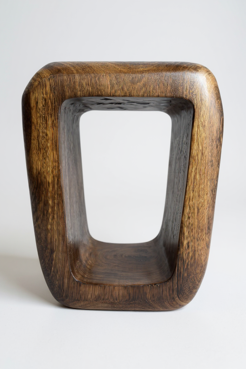 FaHome „Frame“ – Beistelltisch/Holzhocker aus Suarholz (50 × 30 × 40 cm), frontale Ansicht mit rechteckiger Öffnung und weich gerundeten Kanten, Freisteller.