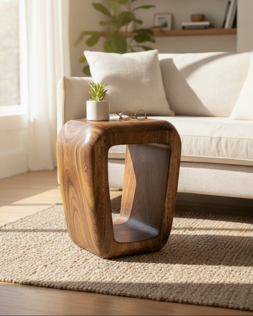 FaHome „Frame“ – Beistelltisch aus Suarholz, 50 × 30 × 40 cm, organische Rundungen, Lifestyle-Foto im Wohnzimmer neben Sofa.