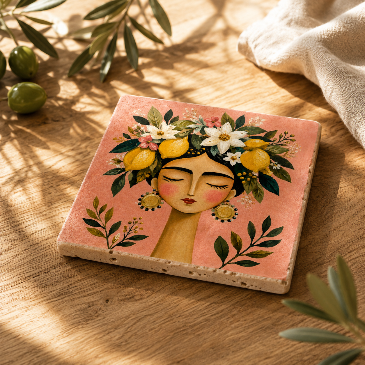 Bedruckte Travertin-Fliese mit mediterranem Frauenmotiv, Zitronen, Blütenkranz und floralem Design in warmen Pastellfarben.