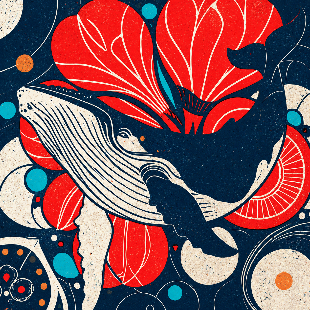 Mare No. 01 mit modernem Walmotiv in kräftigen Blau-, Rot- und Naturtönen. Hochwertige maritime Illustration als Druckvorlage für ein kleines Kunstwerk auf echtem Travertin.