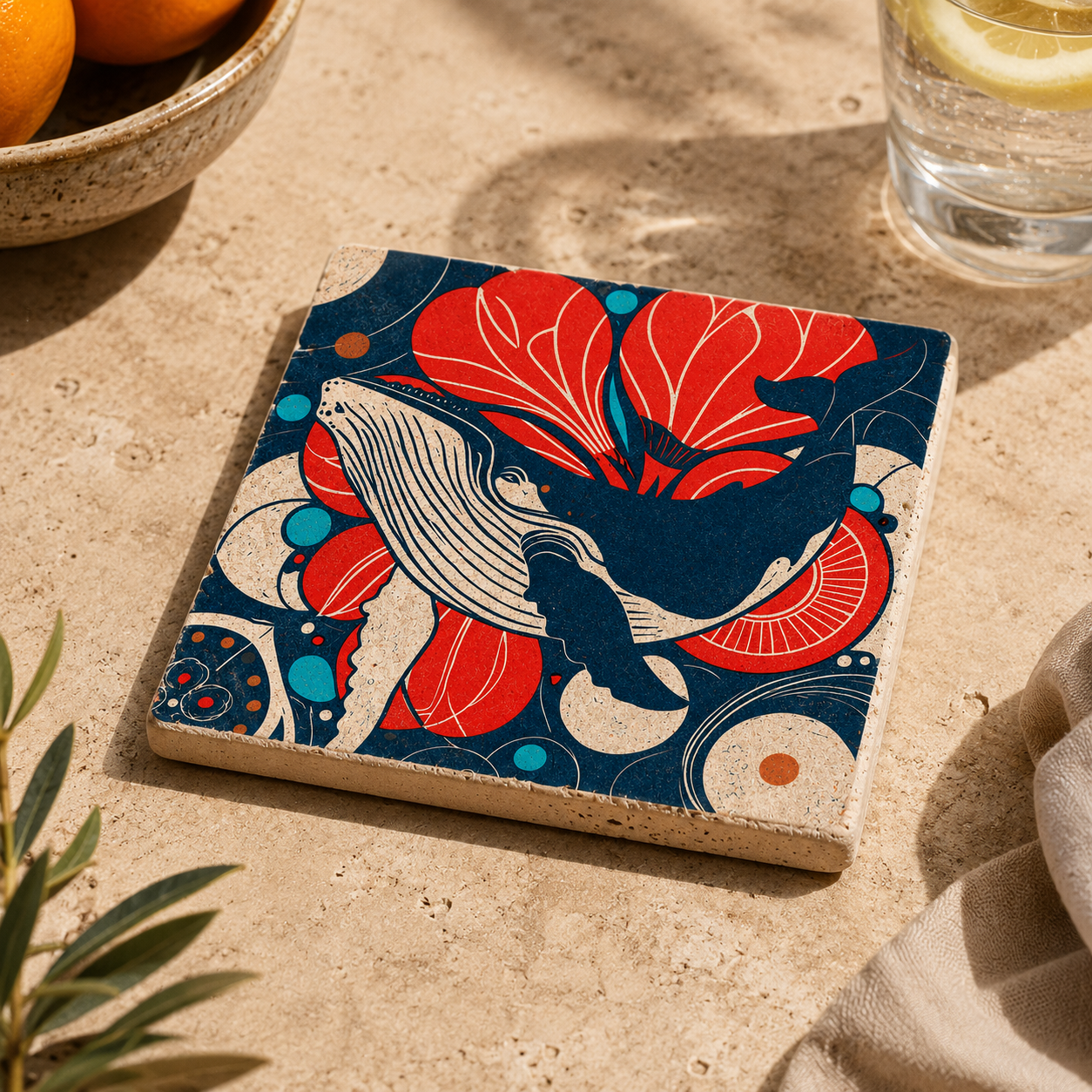 Mare No. 01 – Travertin-Fliese mit modernem Walmotiv in kräftigen Blau-, Rot- und Naturtönen. Kleines Kunstwerk aus Naturstein für stilvolle Wohnraumdekoration.