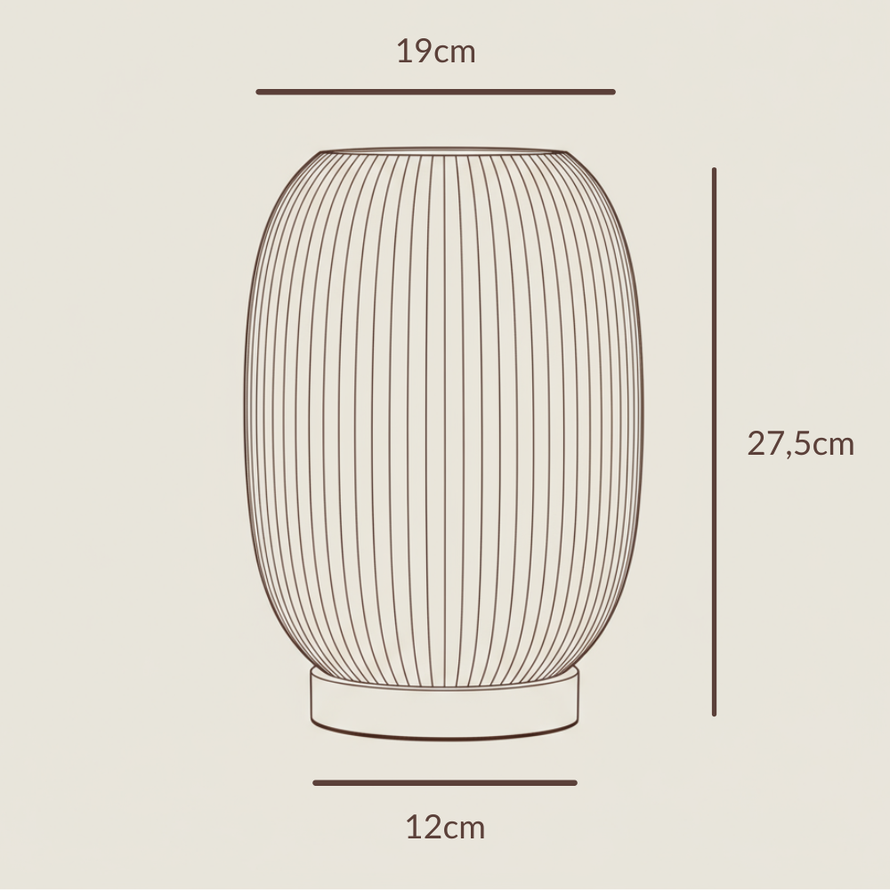 Moonou Boa Maße: Höhe 27,5 cm, Durchmesser 19 cm, Sockel 12 cm – technische Zeichnung