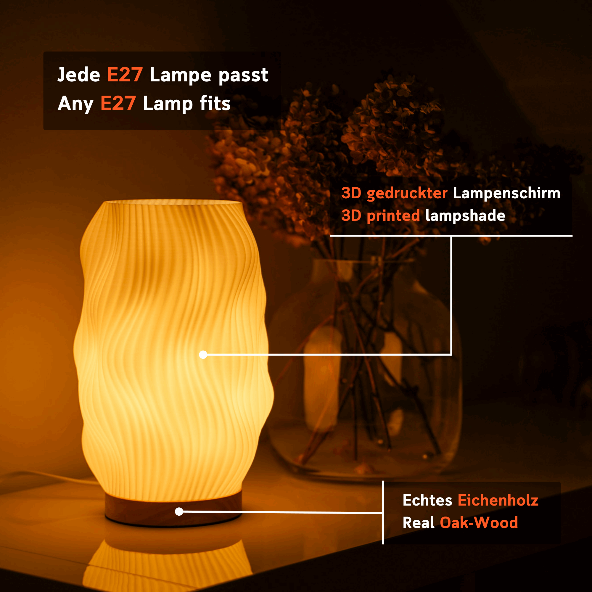 Moonou Flow 3D-gedruckte Tischlampe mit Wellenstruktur und Eichenholz-Sockel, E27-Fassung – Featurebild mit 3D-gedrucktem Lampenschirm, warmes Ambient-Licht