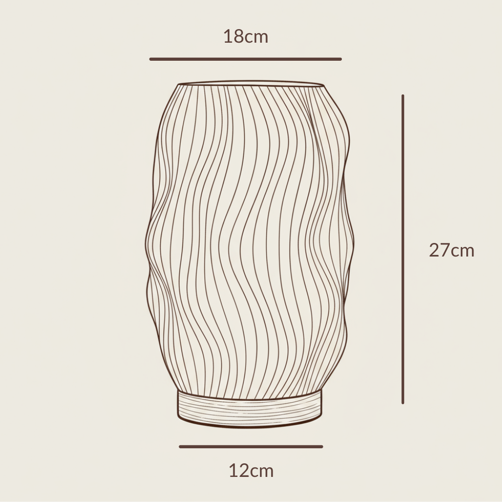 Moonou Flow Maße: Höhe 27 cm, Durchmesser 18 cm, Sockel 12 cm – technische Zeichnung