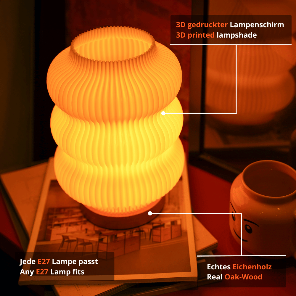 Moonou Luma 3D-gedruckte Tischlampe aus PLA mit Wellenstruktur, E27-Fassung und Eichenholz-Sockel, warmes Licht im Innenbereich