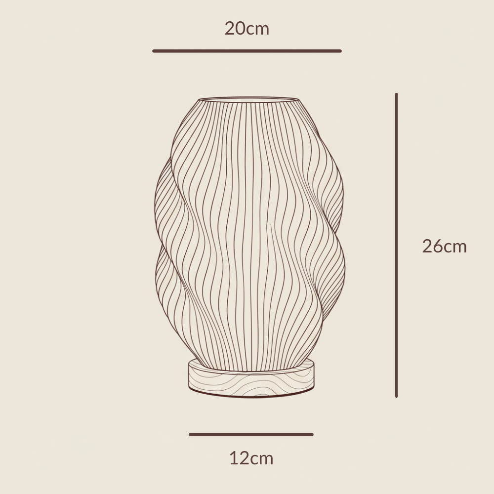 Technische Maßgrafik der Moonou Twuro 3D-gedruckten Tischlampe: Höhe 26 cm, Breite 20 cm, Sockel 12 cm