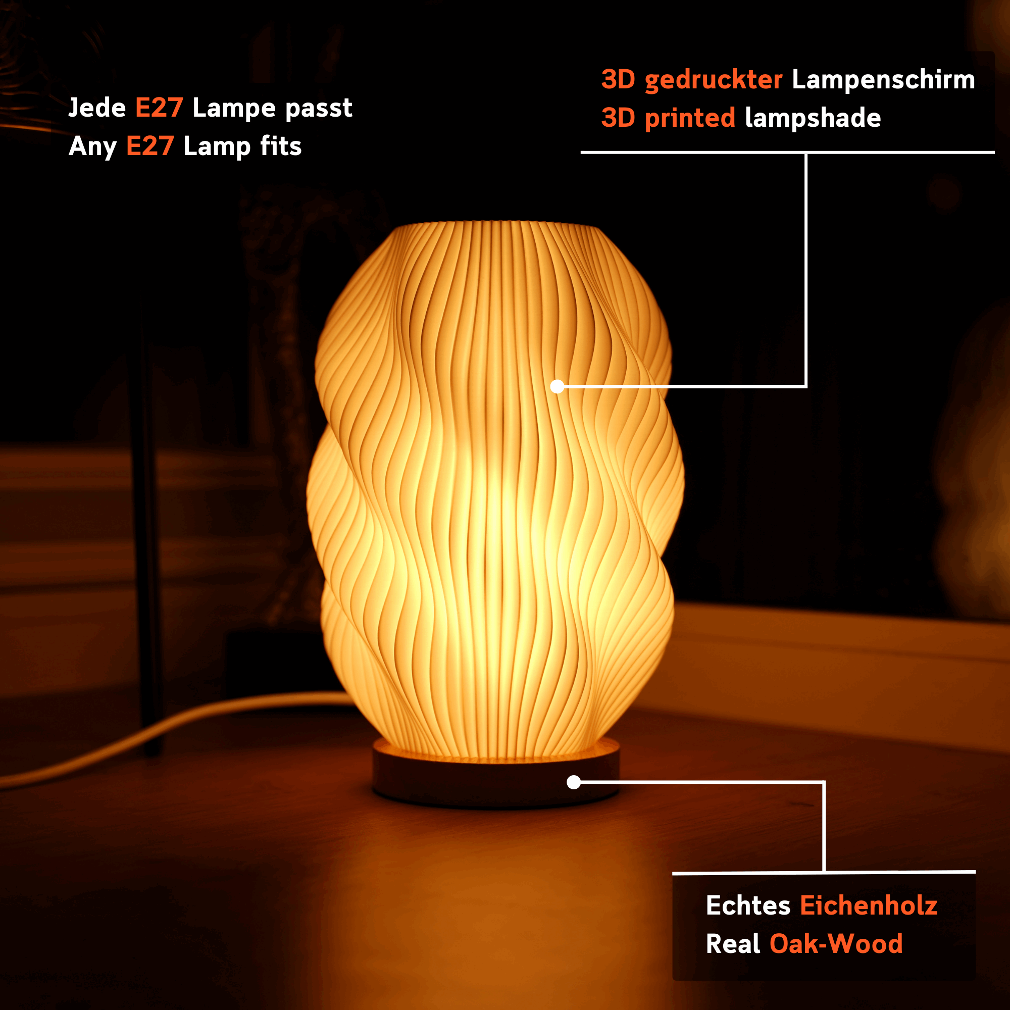 Infografik: Moonou Twuro 3D-gedruckte PLA-Tischlampe mit Spiralstruktur, E27-Fassung (jede E27 Lampe passt), Eichenholz-Sockel, dimmbar