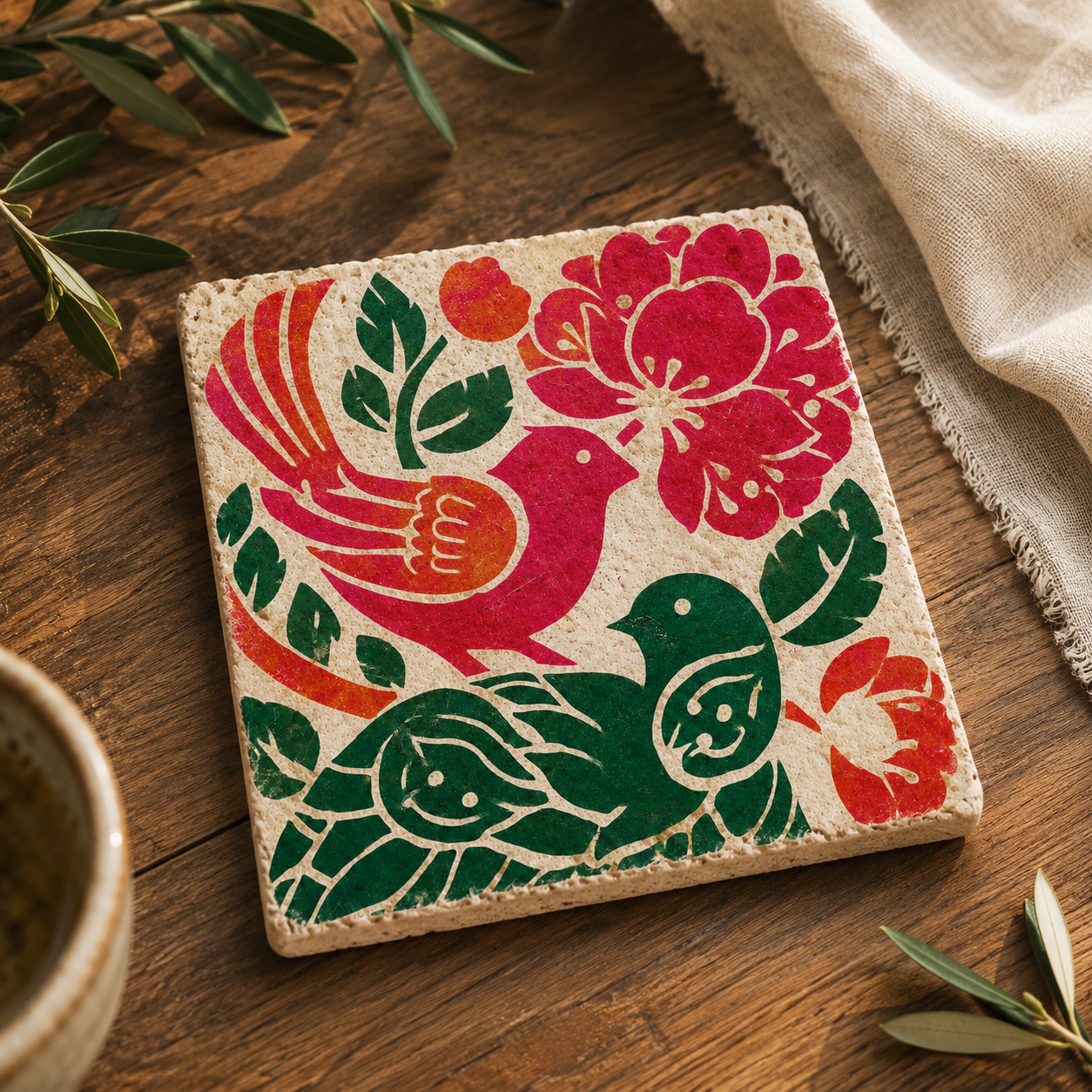 Herzensflug auf Travertin – kleines Kunstwerk aus Naturstein mit zwei stilisierten Vögeln und leuchtenden Blumen als dekoratives Wohnaccessoire oder Untersetzer.