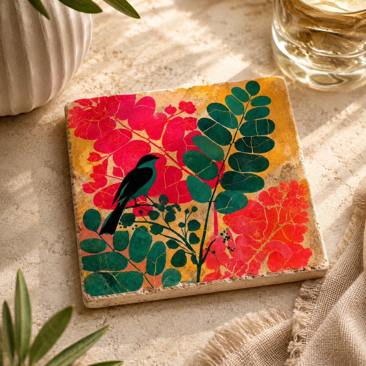 Morgenlied auf Travertin – kleines Kunstwerk aus Naturstein mit stilisiertem Vogel zwischen farbenfrohen Blättern und Blüten, dekorativ als Wohnaccessoire oder Untersetzer.