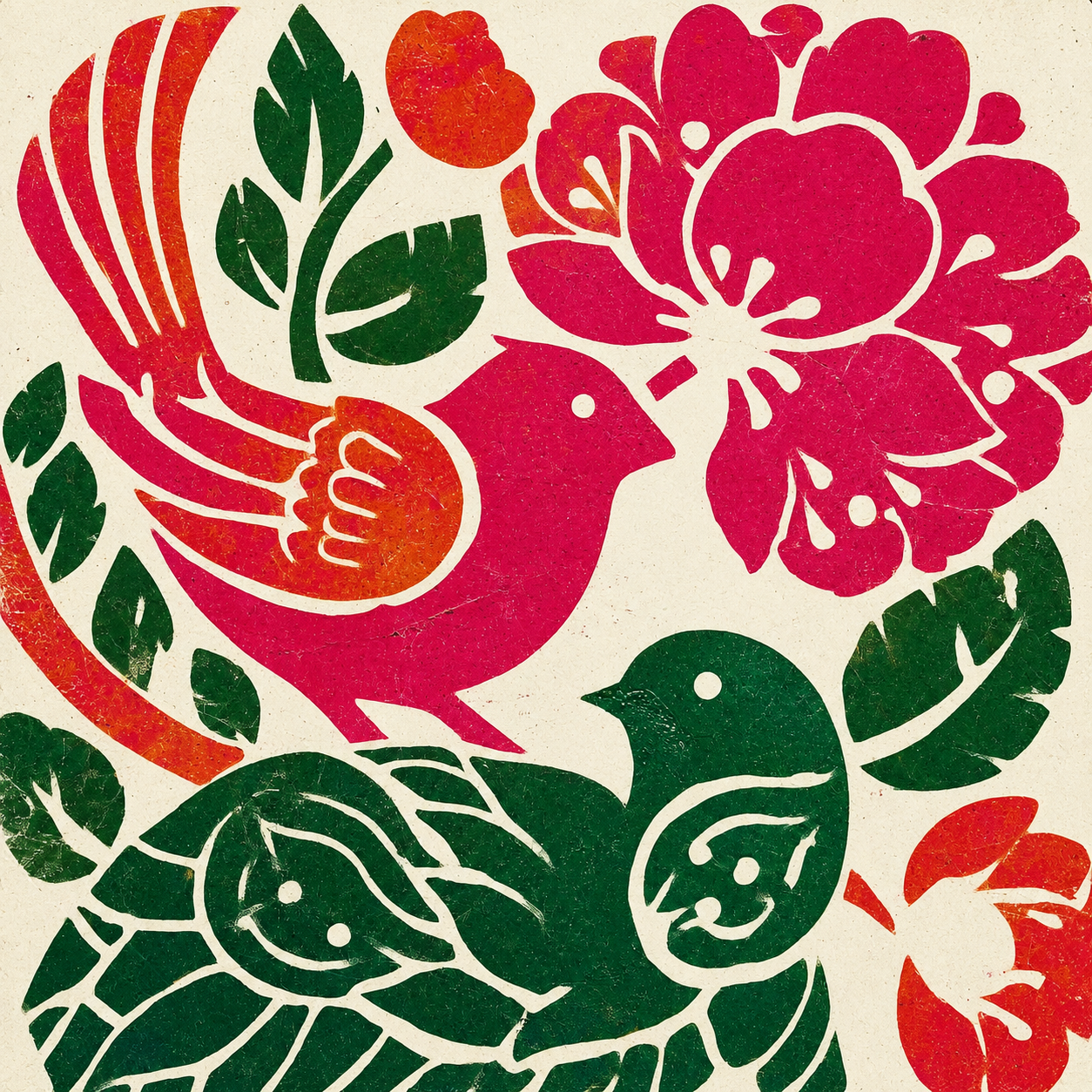 Stilisiertes Vogelpaar mit Blüten und Blättern im Folk-Art-Stil in Pink, Grün und Orange – modernes florales Kunstmotiv für Travertin.
