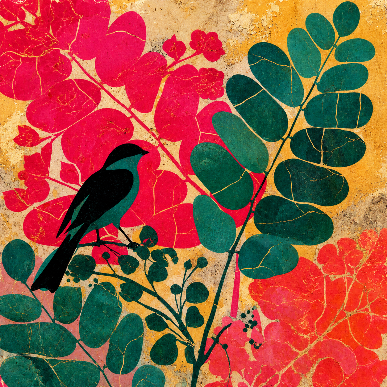 Stilisierter schwarzer Vogel zwischen leuchtend pinken Blüten und grünen Blättern auf warmem goldfarbenem Hintergrund – modernes botanisches Kunstmotiv für Travertin.