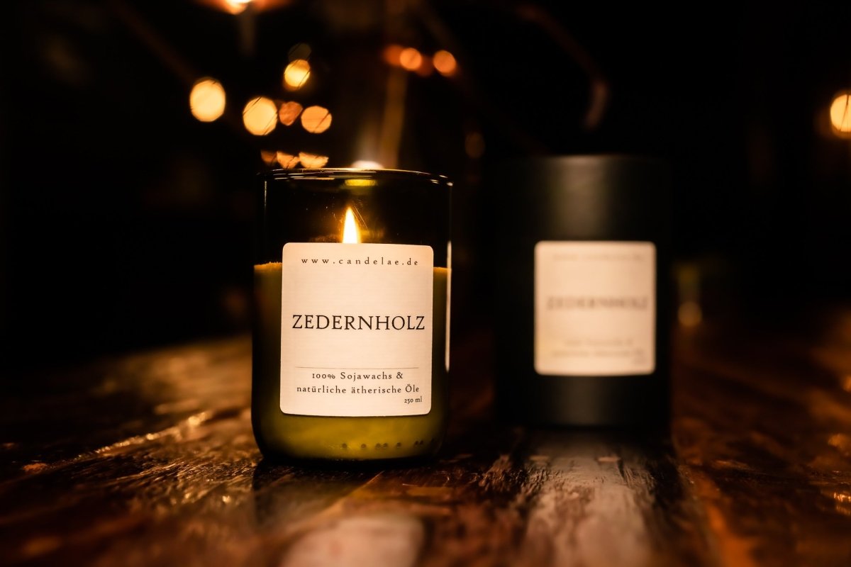 Zedernholz Duftkerze aus Sojawachs mit beruhigendem holzigem Aroma und nachhaltigem recyceltem Glasdesign